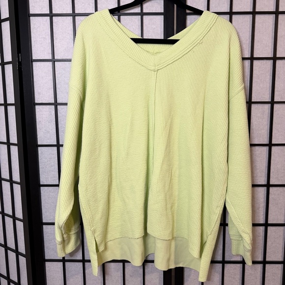 aerie Tops - Aerie Lime Green Waffle Ribbed V-Neck Sweatshirt M